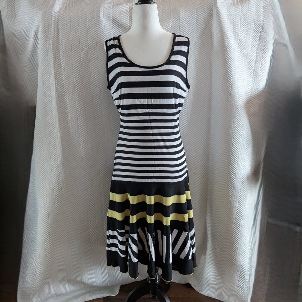Joseph Ribkoff Black & White striped Sleeveless Midi Dress Size 10 Fit & Flare